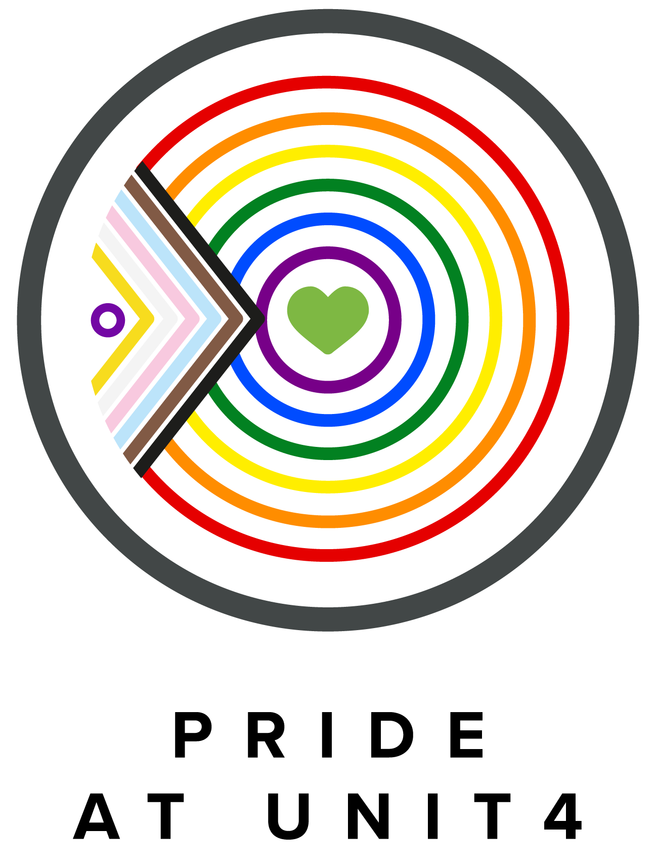 Unit4 Pride Logo. Green heart surrounded by rainbow circles