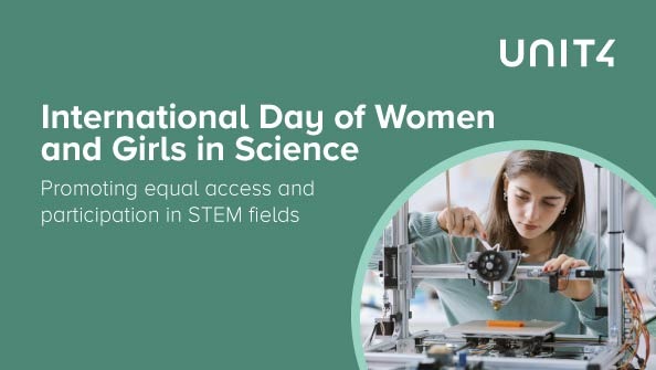 International Day of Women and Girls in Science picture with a girl on the right side and the Unit4 logo