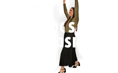 Woman jumping in front of Choose Curiosity Logo