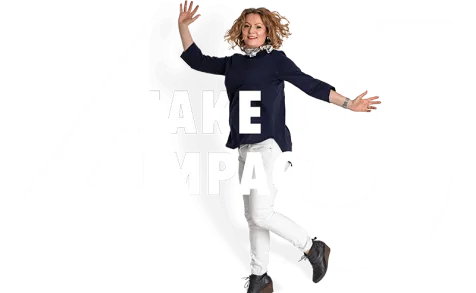 Woman jumping in front of Make an impact Logo
