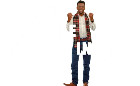 Man raising his arms in joy in front of the Be genuine logo