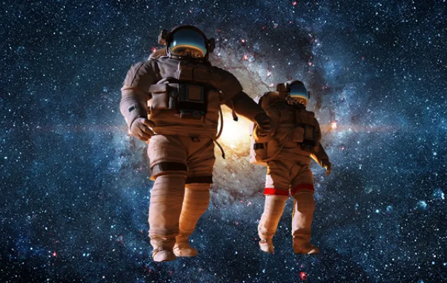 Crazy Lab days banner, 2 astronauts in space
