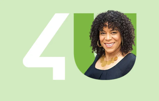 Portrait of our Chief People Officer against a solid green background, featuring the U4 company logo.
