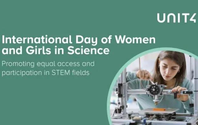 International Day of Women and Girls in Science picture with a girl on the right side and the Unit4 logo