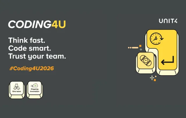 Coding4U banner with text: ‘Think fast. Code smart. Trust your team.’ and the Unit4 logo
