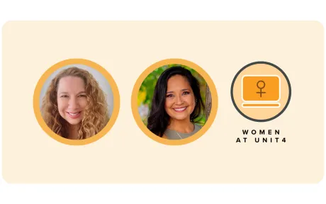 two circular professional headshots of our ERG members in  a light beige background. To the right is the Women at Unit4 logo.